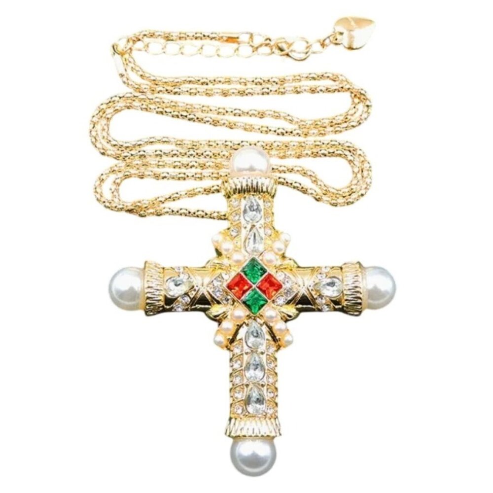 Betsey Johnson Necklace Brooch Crystal & Pearl Cross Pendant Gold Tone